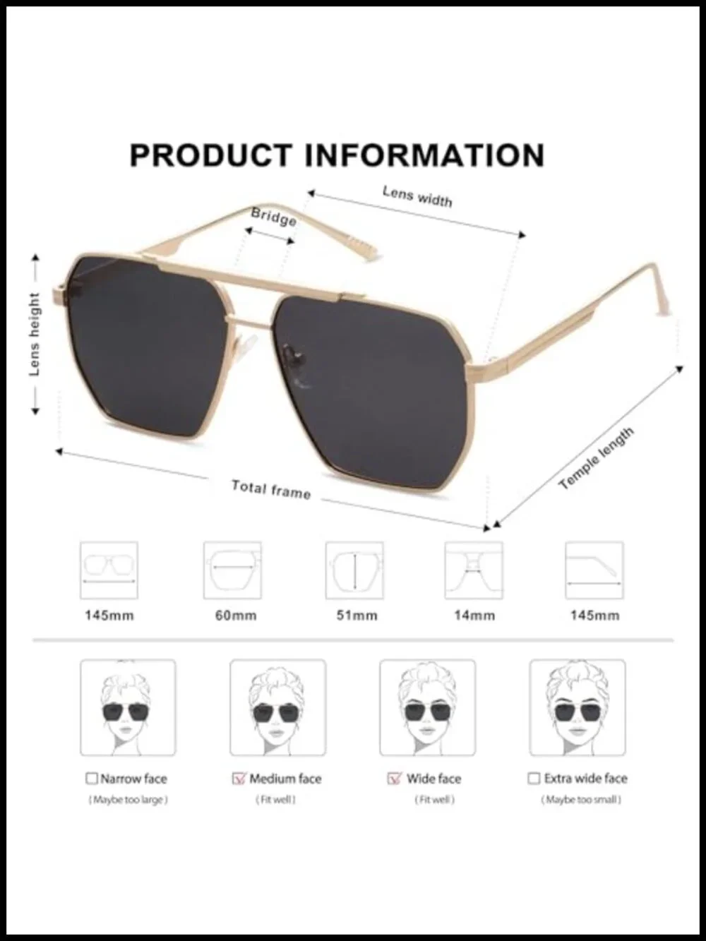 Oversized Square Polarized Sunglasses Metal Frame UV Protection